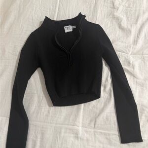 Princess Polly Black Ribbed Half-Zip Cropped Sweatshirt